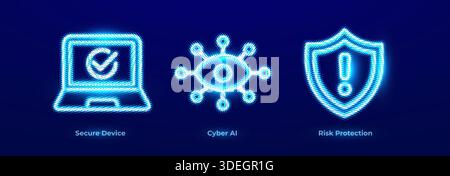 Secure Device Endpoint Protection Cyber AI Threat Detection Intelligent Security Neon Icon Logo Set. Risk Protection Security Alert Threat Warning Stock Vector