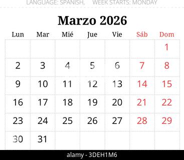 2026 Spanish March calendar planner – Marzo. Vector illustration for ...