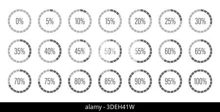 Round percentage infographic. Progress bars. Template of dark gray and gray color fill pie charts indicator. Circle diagrams icons for infographics Stock Vector
