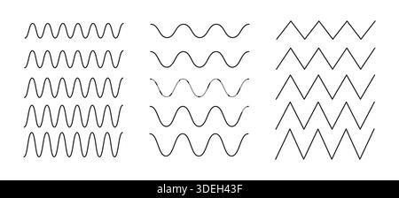 Wavy and zigzag horizontal underline set. Waves line collection. Set of wavy lines. Pattern of wave ornament. Wave thin line background. Stock Vector