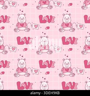 Seamless Romantic Pattern Cute Teddy Bear and Love Lettering on Pink Checkered Background. Valentines Day Repeating Template. Hand-Drawn Doodle. Vecto Stock Vector