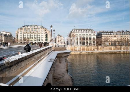 Paris, France - January 7, 2026: Pont Neuf is seen with snow along