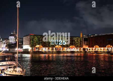 Liverpool Albert Dock at night with 2026 sign and festive lights Stock Photo