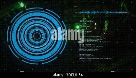 Rotating blue HUD graphic occupying left in virtual interface, showing code waveform, copy space Stock Photo