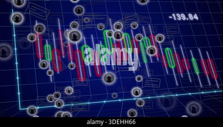 Displaying candlestick chart sloping on dark blue grid plane, showing cyan line, avatars, comments Stock Photo