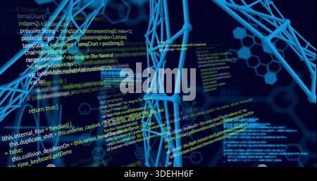 Floating blue 3D wireframe lattice rotating, glowing in cyberspace, with code streams, copy space Stock Photo