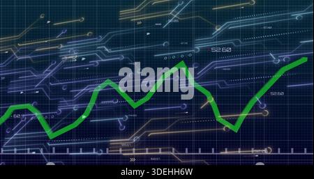 Displaying thick green zigzag trend line rising across data dashboard, with numbers, glowing nodes Stock Photo