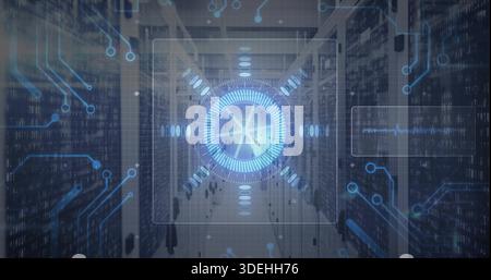 Showing round HUD hovering in server corridor, marking racks, raised floor, cables, streaming data Stock Photo