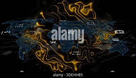 Displaying neon-blue outlined world map visual on dark dashboard, with golden particle streams Stock Photo