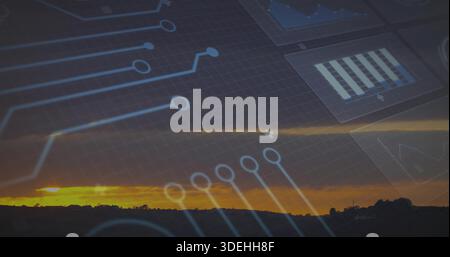 Overlaying clear UI merging with rural sunset horizon, showing circuits nodes grid charts hills Stock Photo