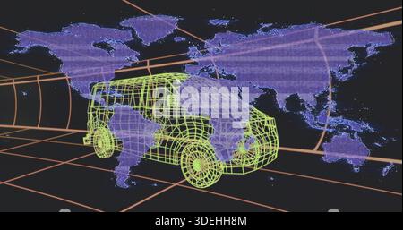 Displaying neon-green wireframe van in virtual simulation, projecting purple nodes over orange grid Stock Photo