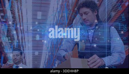 Sealing warehouse worker in dark quilted vest applying tape to box at busy aisle, AR overlay Stock Photo