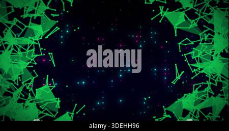 Displaying central cyan-magenta particle field glowing on navy-black, framed by neon-green polygons Stock Photo