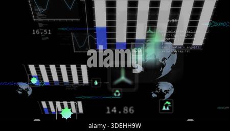 Displaying holographic dashboard over black void, showing vertical bars, emblem, globe, code Stock Photo