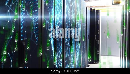 Displaying cluster of server racks streaming blue graphics in data center corridor, with LED panels Stock Photo