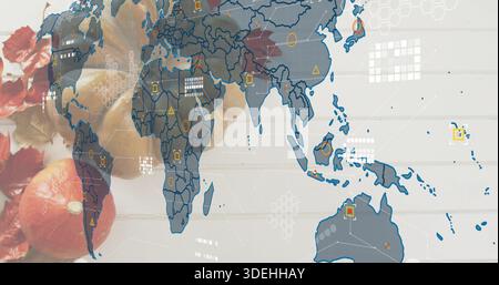 Displaying translucent world map with data markers over fruits and leaves on pale wood, hex grid Stock Photo