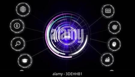 Displaying central HUD rotating on black background, showing laptop icon and eight side icons Stock Photo