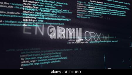 Displaying faint ENCRYPTION text while code scrolling on computer monitor, cybersecurity theme Stock Photo