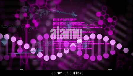 Displaying stylized DNA double-helix visual across dark digital backdrop, with magenta code text Stock Photo