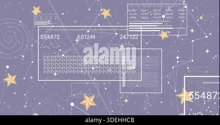 Displaying translucent data panel on purple canvas, showing grid, codes, barcode and gold stars Stock Photo