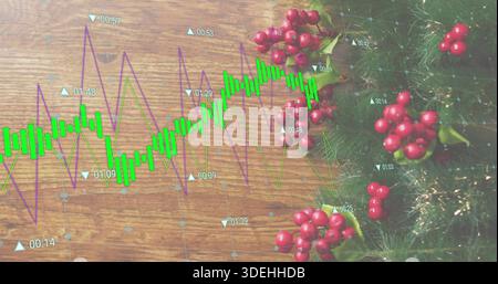 Displaying green candlesticks and purple lines on wooden plank, with red berries and timestamps Stock Photo