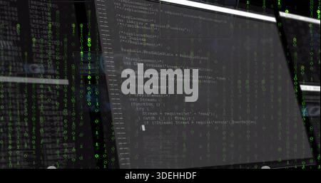 Displaying glossy primary monitor showing source code at dim desk, with green digit overlay Stock Photo