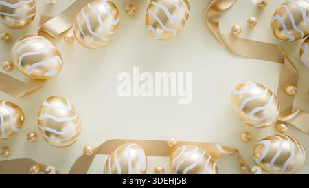 Golden Striped Easter Eggs and Pearls Border on Cream Copy Space. 3d rendering Stock Photo