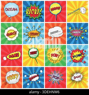 Pop Art Comic Speech Bubbles and Sound Effects Set with Colorful Halftone Backgrounds, Vector Illustration. Retro Cartoon Wow Bang Pow Boom Stock Vector
