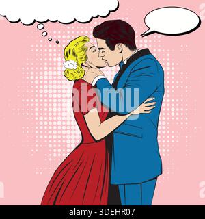 Vector Retro Pop Art Kissing Couple with Speech Bubble. Romantic Man and Woman Kiss in Comic Style. Vintage Love Scene on Pink Halftone Background Stock Vector