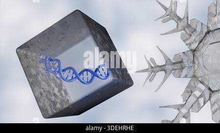 3D DNA helixes encased in ice cubes. This ethereal rendering evokes ...