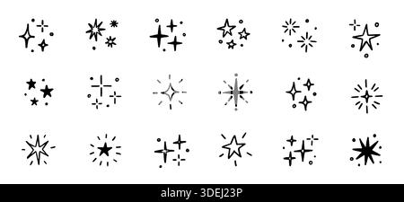 Hand drawn star spark doodle element icon set. Star shape twinkle glitter spark shine crayon grunge brush line icons. Hand drawn sketch doodle style. Light decoration background vector illustration Stock Vector