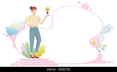 Creative woman standing with glowing light bulb Stock Vector
