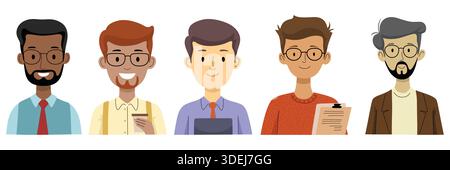 Diverse group of five male cartoon characters in smart casual and business wear, representing professionals in an office or corporate team setting. Stock Vector