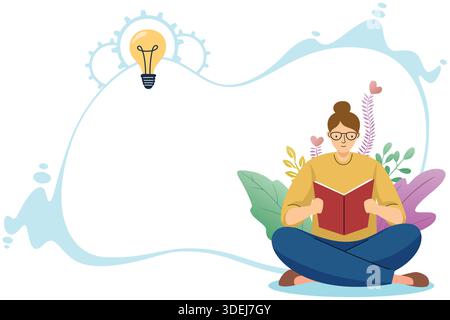 Girl reading with lightbulb above and foliage Stock Vector