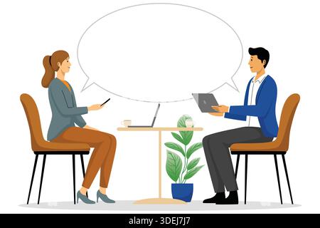 Two people talking at desk with speech bubble Stock Vector