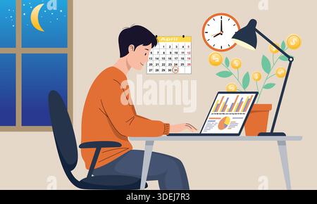 Man working late with chart and calendar Stock Vector
