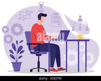 Man working remotely with laptop and headset Stock Vector