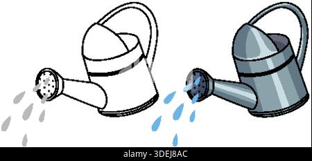 Metal watering cans in outline and colored vector style, pouring water droplets on white background Stock Vector