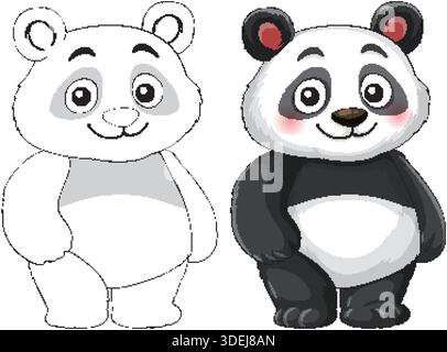 Cute cartoon panda shown in both black-and-white outline and fully colored vector illustration style Stock Vector