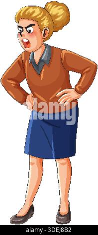 Cartoon angry businesswoman yelling, hands on hips, isolated white background, full-length vector illustration Stock Vector