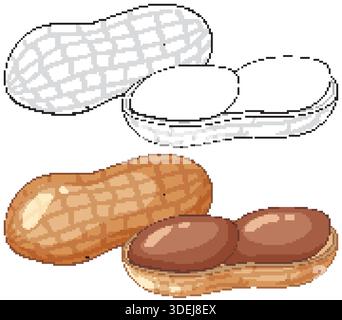 Minimalist vector illustration of peanuts in shell and cracked open, including black line art version Stock Vector