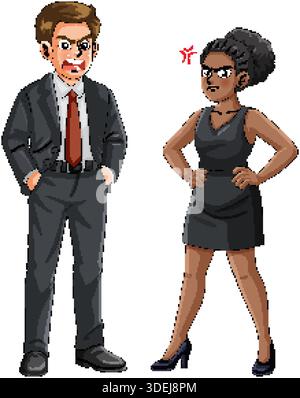 Vector illustration of two angry professionals arguing, formal office clothing, white background, cartoon style Stock Vector