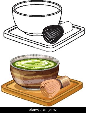 Vector illustration of a matcha tea set including bowl, whisk, and tray in two styles Stock Vector