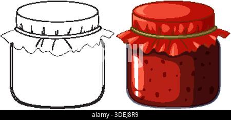 Two glass jars with fabric covers, one in red jam color and one line drawing Stock Vector