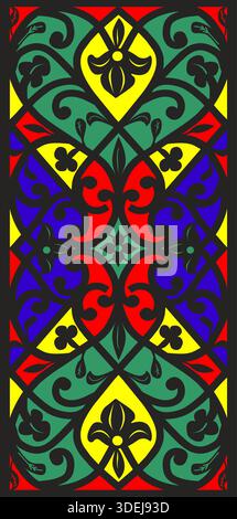 Decorative floral geometric art. Brightly colored intricate pattern with black outlines in a vertical frame Stock Vector