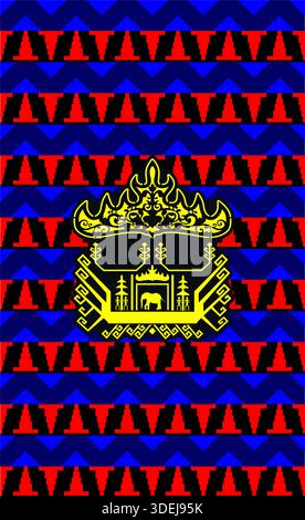 Tribal geometric art poster. Red, black, and blue zigzag weaving pattern with a central yellow traditional ornament Stock Vector
