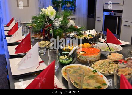 A festively set table for Christmas Stock Photo