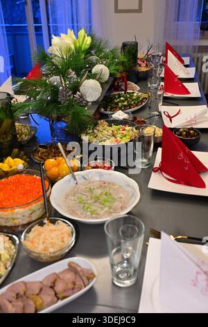 A festively set table for Christmas Stock Photo