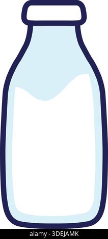 A simple upright clear glass bottle with narrow neck and blue outline in a flat vector style. Stock Vector