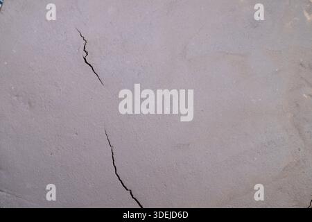 dry cracked earth with fine fissures, minimalistic aerial texture showing delicate hairline cracks across compacted soil, muted neutral tones, highdet Stock Photo